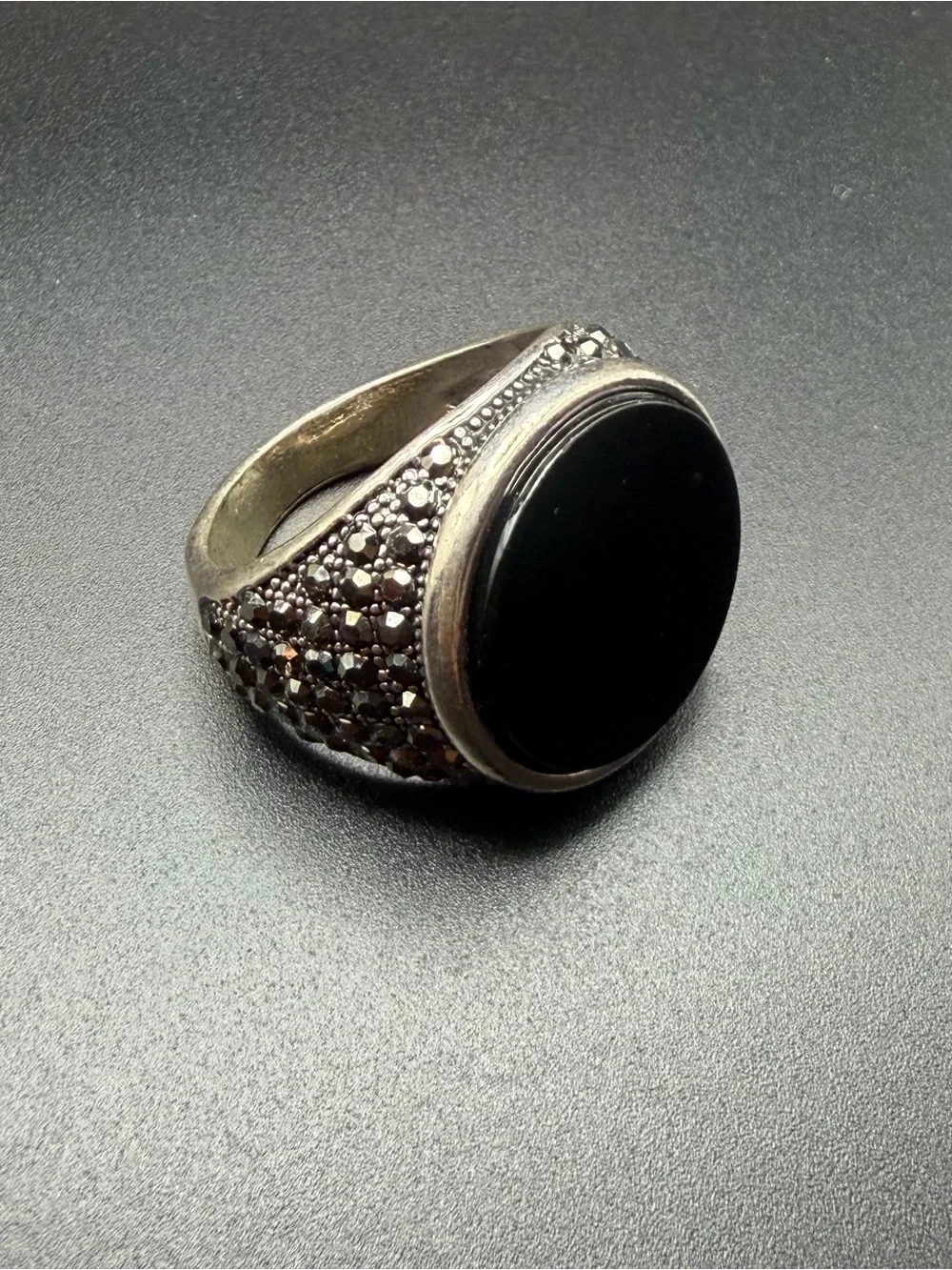 Vintage Men Silver Black Onyx Signet Ring Marcasite Ottoman Band Size 8